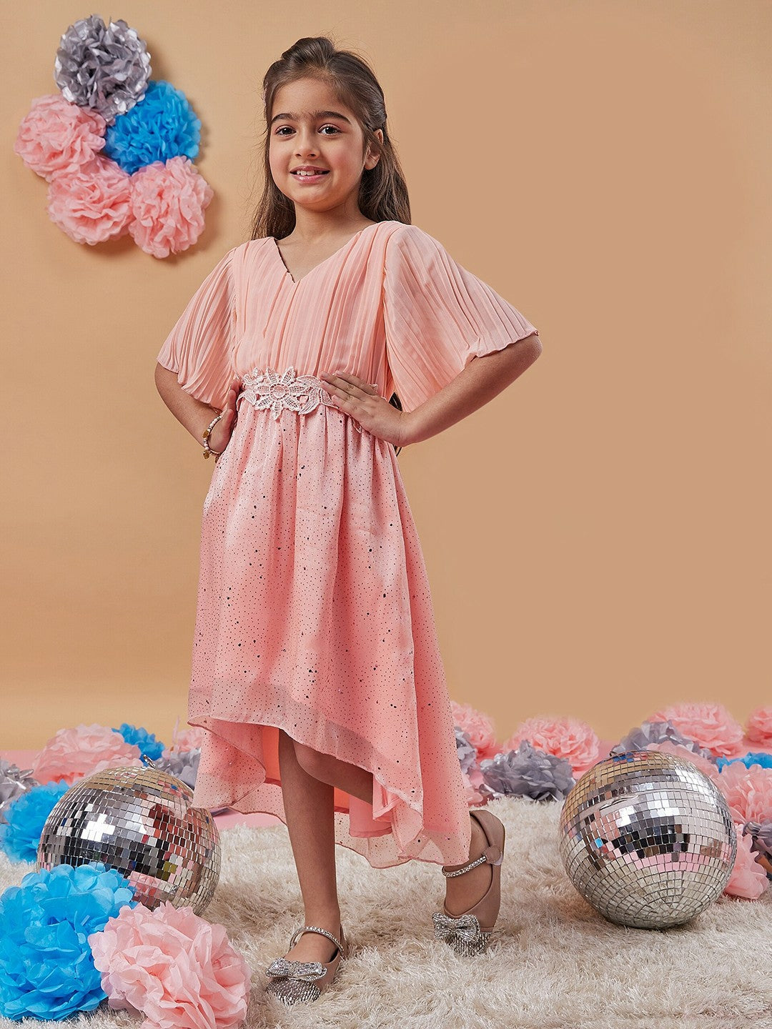 Buy Girls Peach Floral Print A-Line Dress – V-Neck, Flared Sleeves | Indiaista