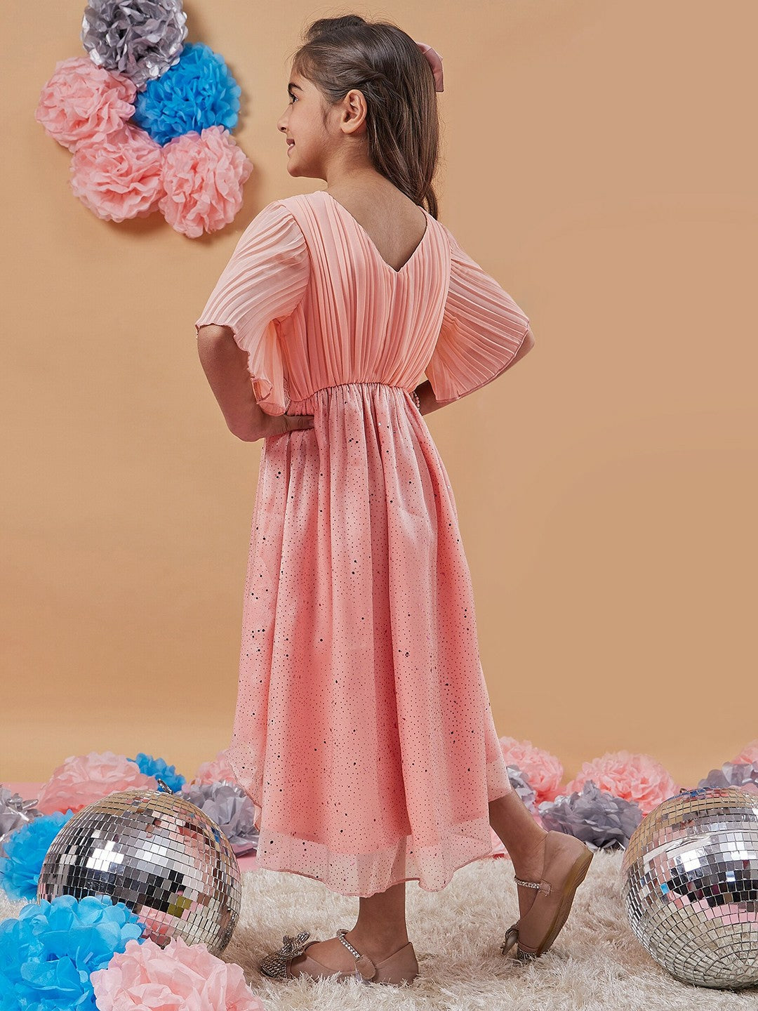 Buy Girls Peach Floral Print A-Line Dress – V-Neck, Flared Sleeves | Indiaista