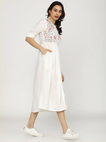 Buy Off-White Embroidered A-Line Ethnic Dress for Women | Indiaista