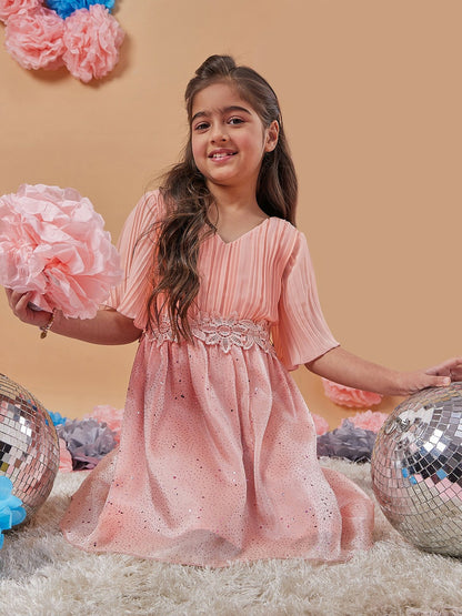 Buy Girls Peach Floral Print A-Line Dress – V-Neck, Flared Sleeves | Indiaista