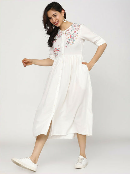 Buy Off-White Embroidered A-Line Ethnic Dress for Women | Indiaista