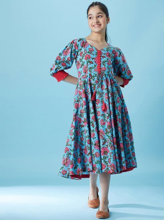 Buy Blue Floral Print Fit & Flare Midi Dress - Cotton, Round Neck & Waist Tie-Up | Indiaista