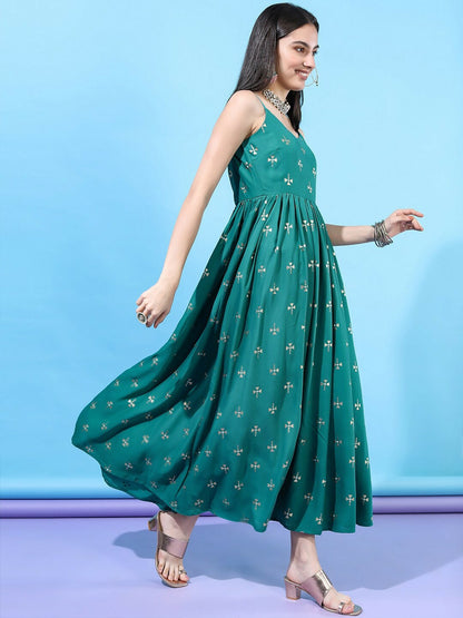 Turquoise Blue Solid Maxi Dress - Elegant Ethnic Wear | Indiaista