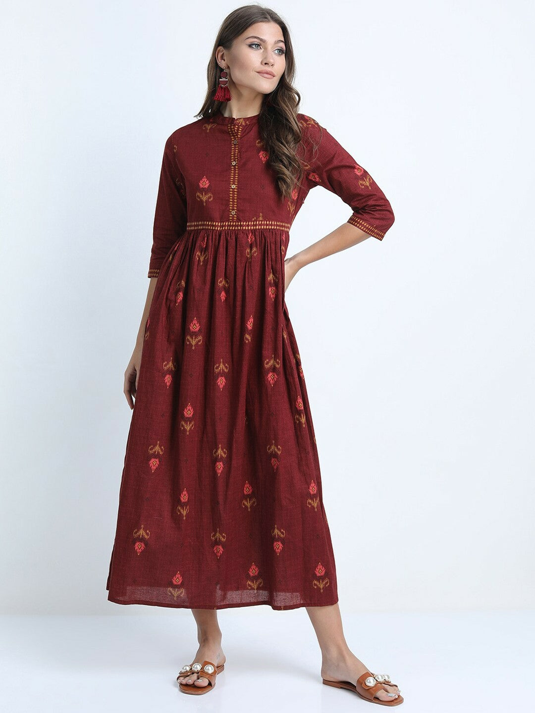 Buy Maroon Ethnic Motifs Print Maxi Dress – Stylish & Elegant | Indiaista