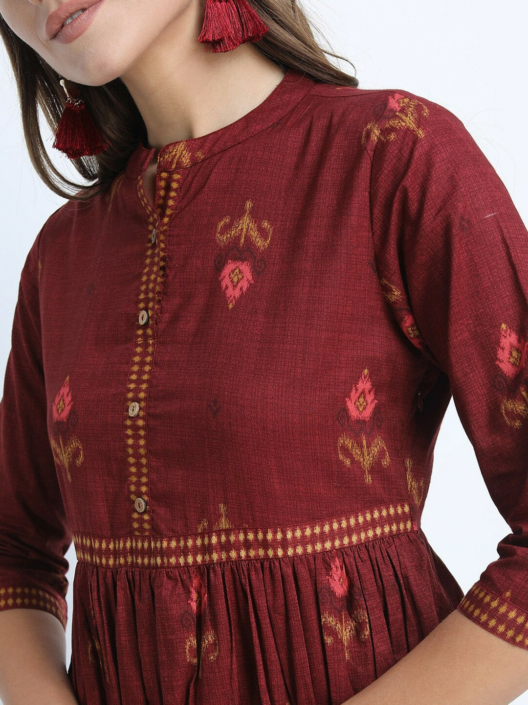 Buy Maroon Ethnic Motifs Print Maxi Dress – Stylish & Elegant | Indiaista