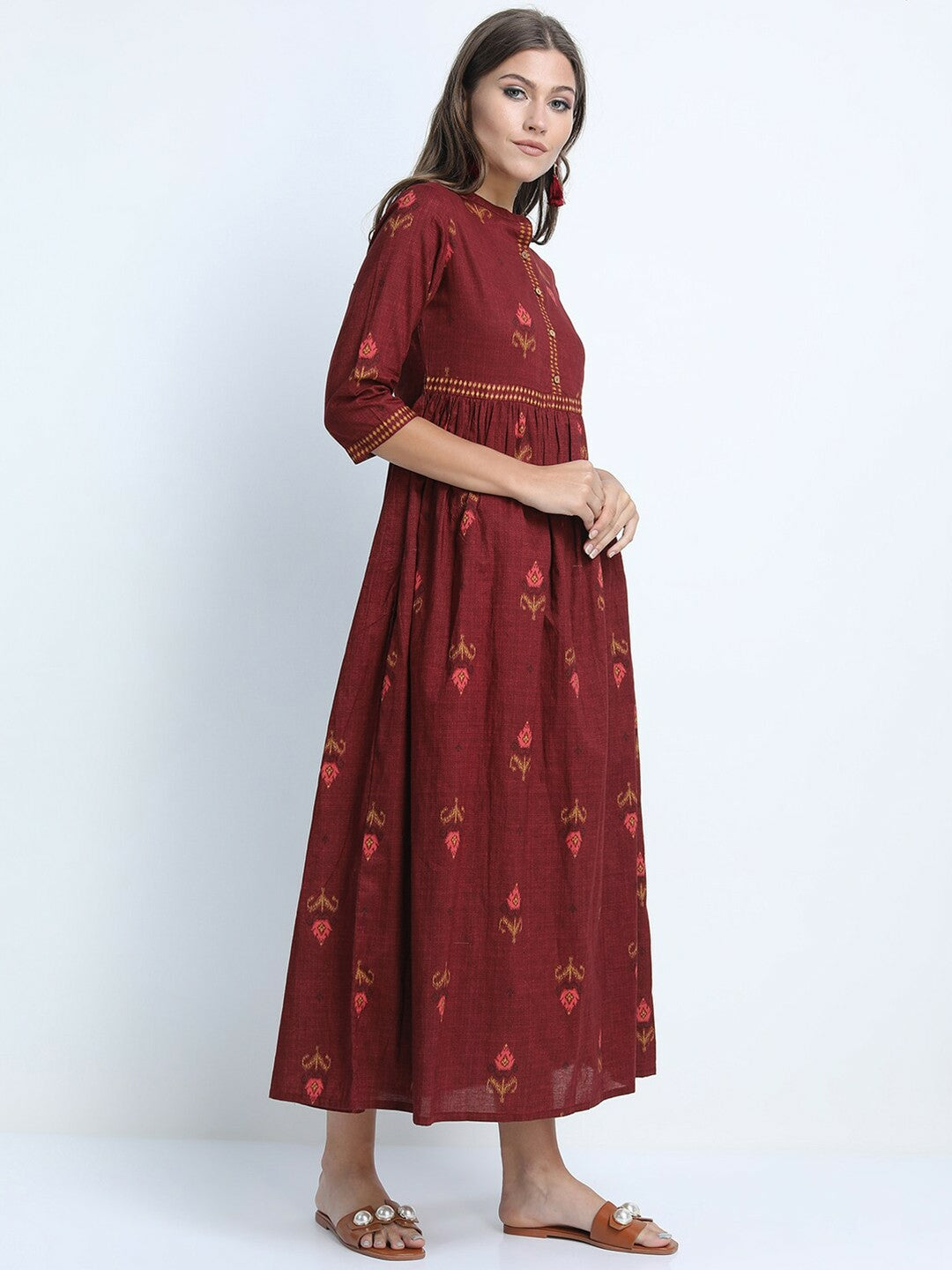 Buy Maroon Ethnic Motifs Print Maxi Dress – Stylish & Elegant | Indiaista