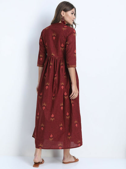 Buy Maroon Ethnic Motifs Print Maxi Dress – Stylish & Elegant | Indiaista