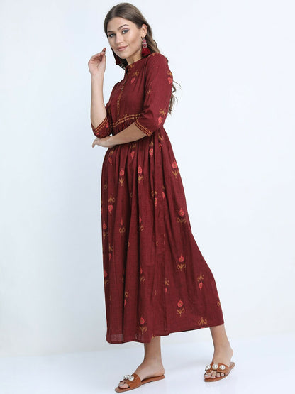 Buy Maroon Ethnic Motifs Print Maxi Dress – Stylish & Elegant | Indiaista