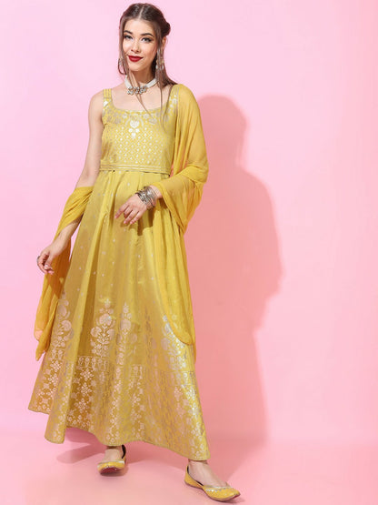 Elegant Yellow & Gold-Toned Ethnic Maxi Dress – Shop at Indiaista