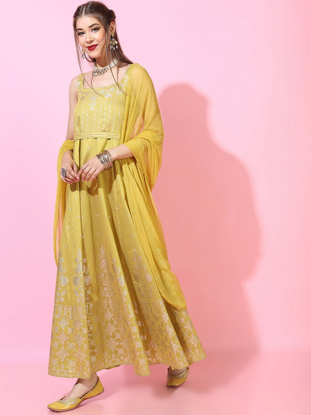 Elegant Yellow & Gold-Toned Ethnic Maxi Dress – Shop at Indiaista