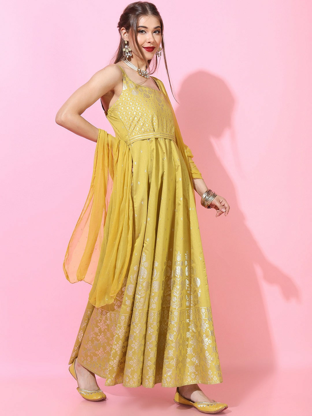 Elegant Yellow & Gold-Toned Ethnic Maxi Dress – Shop at Indiaista