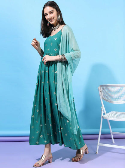 Turquoise Blue Solid Maxi Dress - Elegant Ethnic Wear | Indiaista