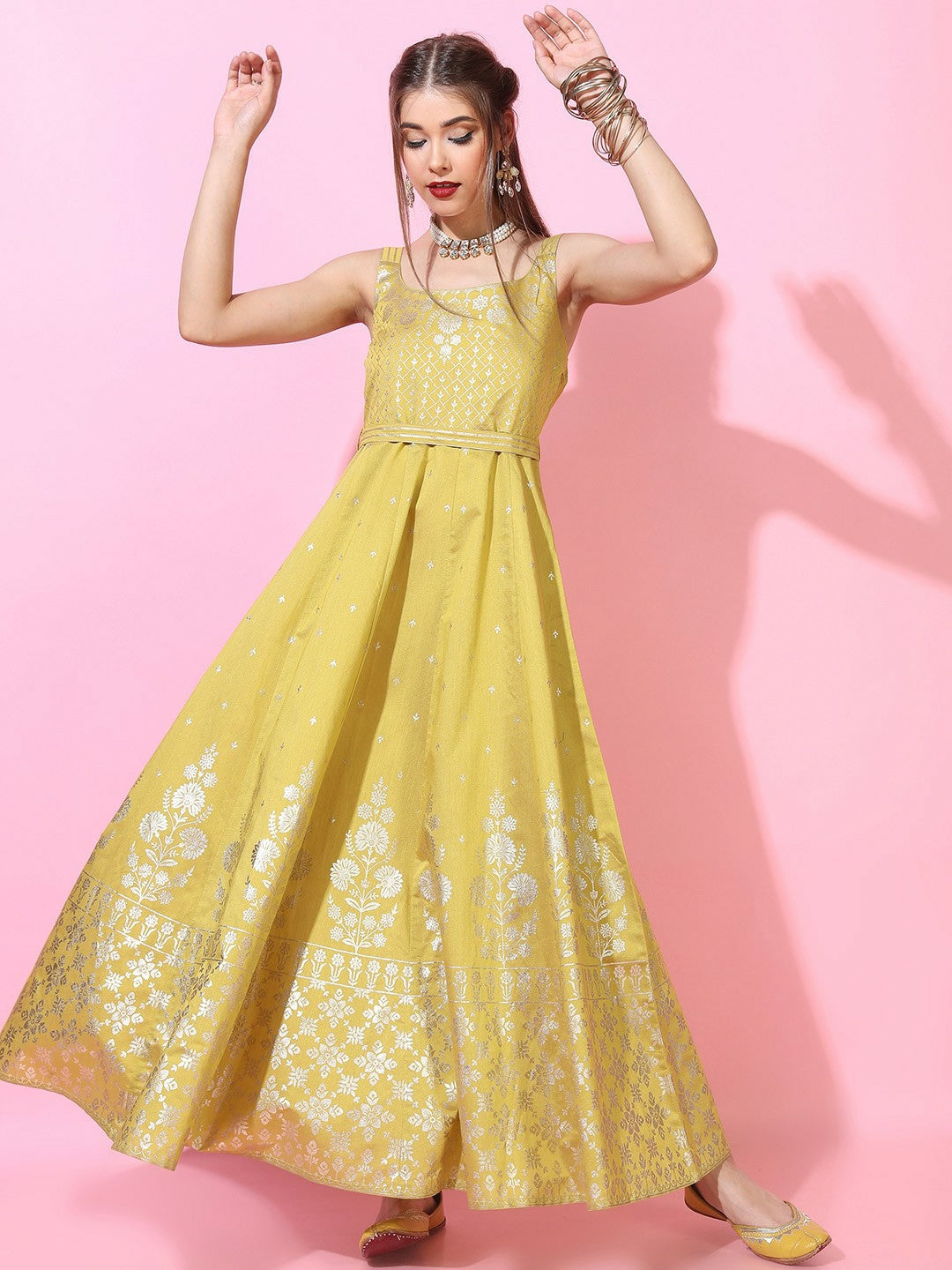 Elegant Yellow & Gold-Toned Ethnic Maxi Dress – Shop at Indiaista