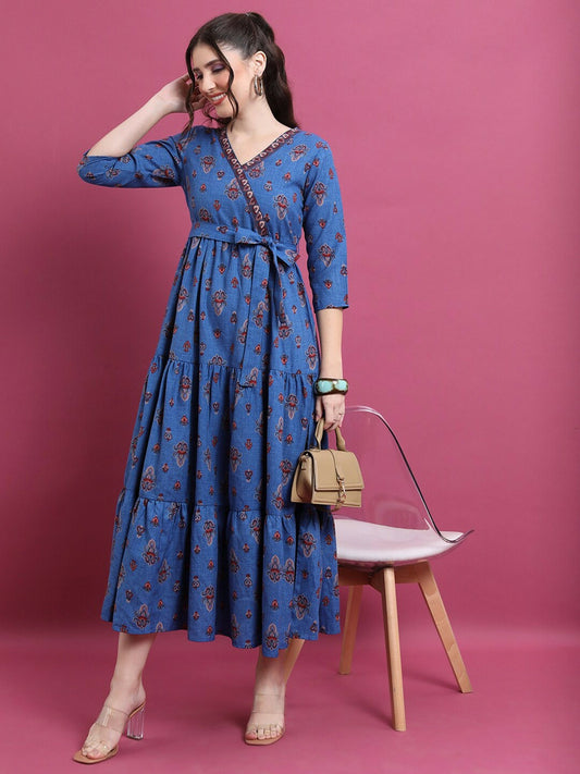 Blue Ethnic Motifs Print Empire Dress - Elegant Midi Dress | Indiaista