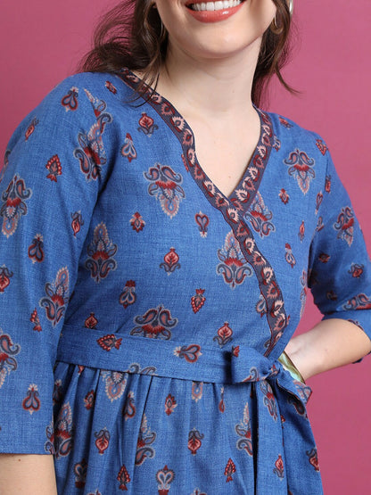 Blue Ethnic Motifs Print Empire Dress - Elegant Midi Dress | Indiaista