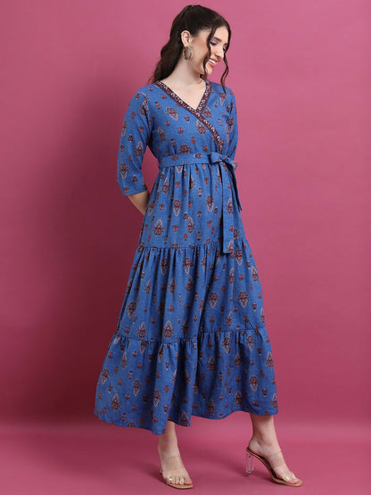 Blue Ethnic Motifs Print Empire Dress - Elegant Midi Dress | Indiaista