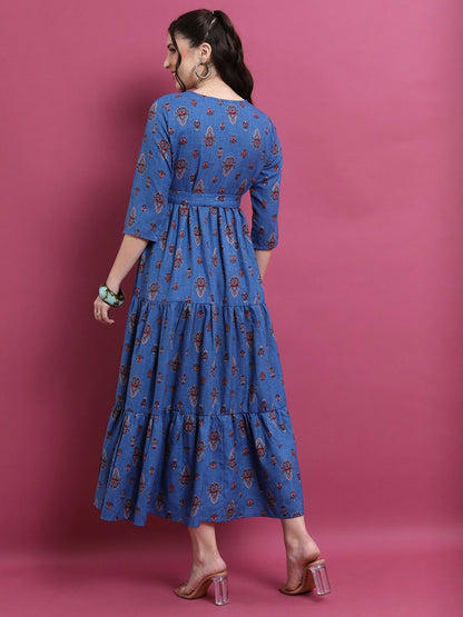 Blue Ethnic Motifs Print Empire Dress - Elegant Midi Dress | Indiaista