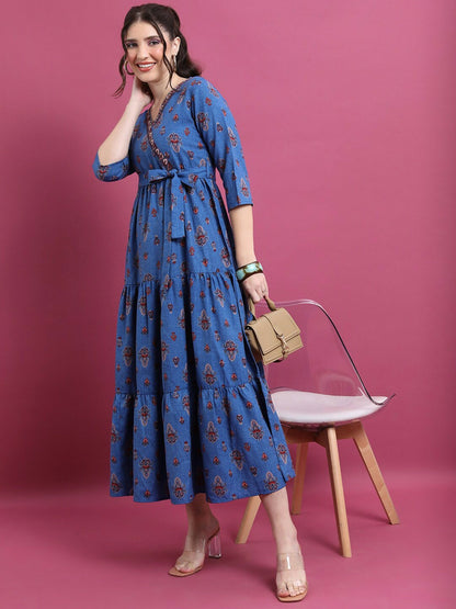 Blue Ethnic Motifs Print Empire Dress - Elegant Midi Dress | Indiaista