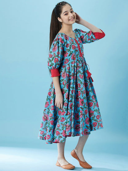 Buy Blue Floral Print Fit & Flare Midi Dress - Cotton, Round Neck & Waist Tie-Up | Indiaista