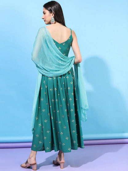 Turquoise Blue Solid Maxi Dress - Elegant Ethnic Wear | Indiaista