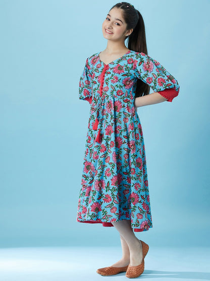 Buy Blue Floral Print Fit & Flare Midi Dress - Cotton, Round Neck & Waist Tie-Up | Indiaista