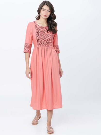 Buy Coral Solid Fit & Flare Ethnic Dress for Women – Indiaista