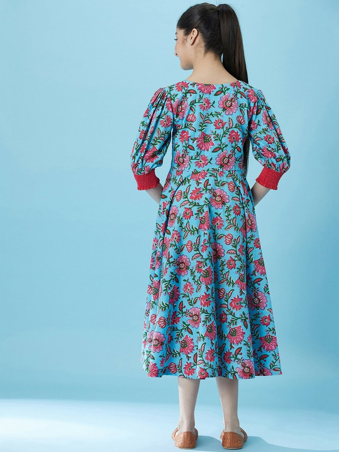 Buy Blue Floral Print Fit & Flare Midi Dress - Cotton, Round Neck & Waist Tie-Up | Indiaista