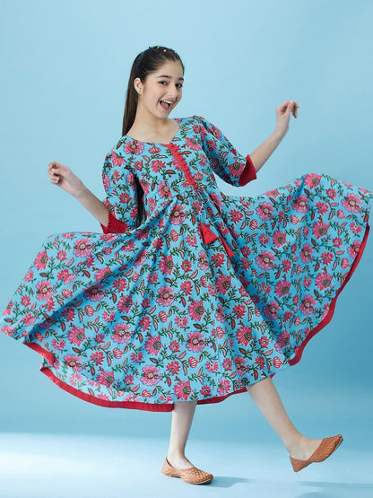 Buy Blue Floral Print Fit & Flare Midi Dress - Cotton, Round Neck & Waist Tie-Up | Indiaista