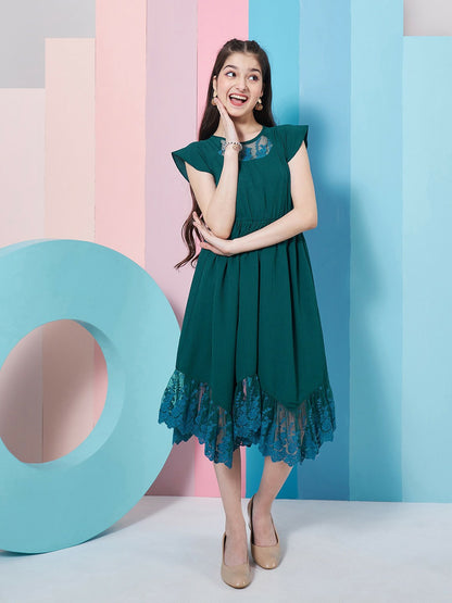 Buy Blue Solid Fit & Flare Dress for Girls - Midi Length with Lace Inserts | Indiaista