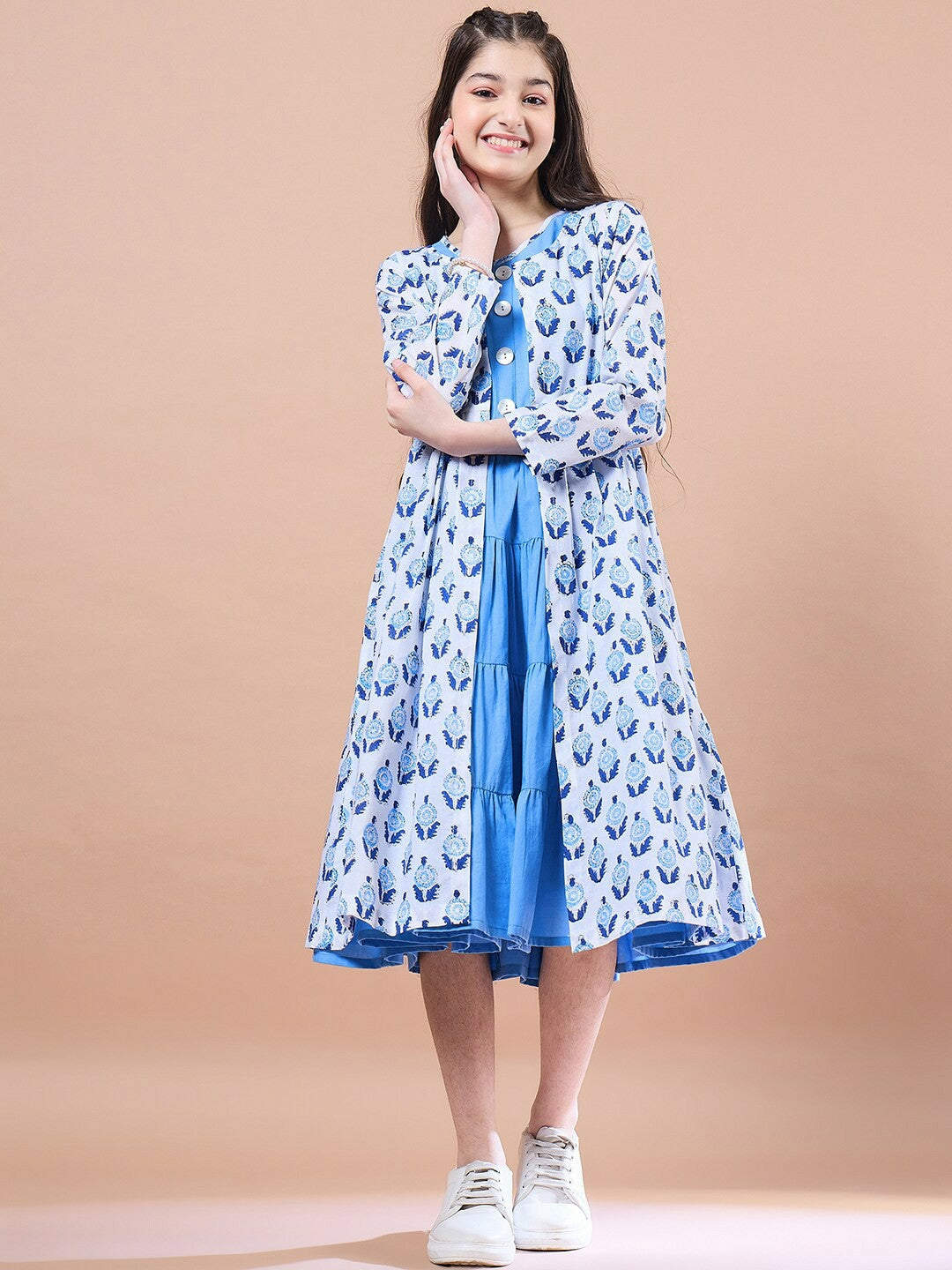 Buy Blue Floral Print Fit & Flared Cotton Dress for Girls - Indiaista