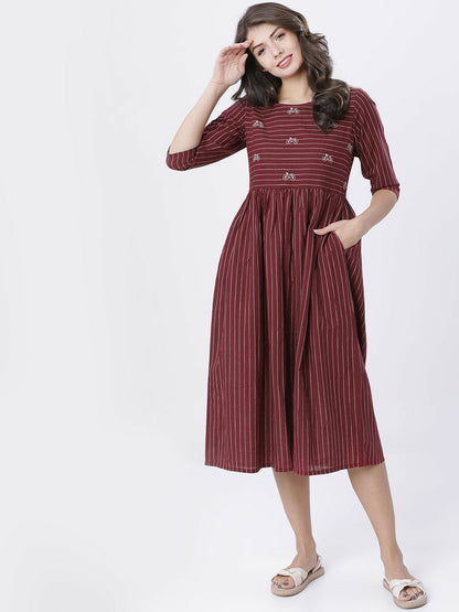 Maroon & Off-White Striped Fit & Flare Ethnic Dress | Indiaista