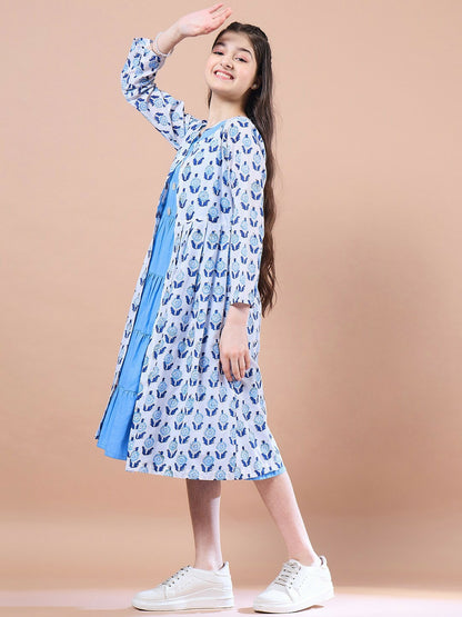 Buy Blue Floral Print Fit & Flared Cotton Dress for Girls - Indiaista