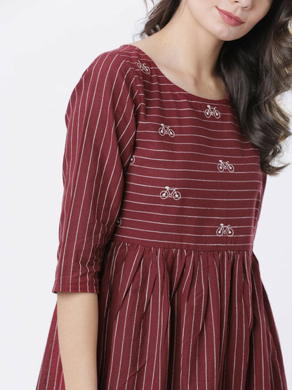 Maroon & Off-White Striped Fit & Flare Ethnic Dress | Indiaista