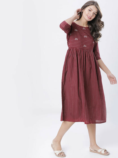 Maroon & Off-White Striped Fit & Flare Ethnic Dress | Indiaista