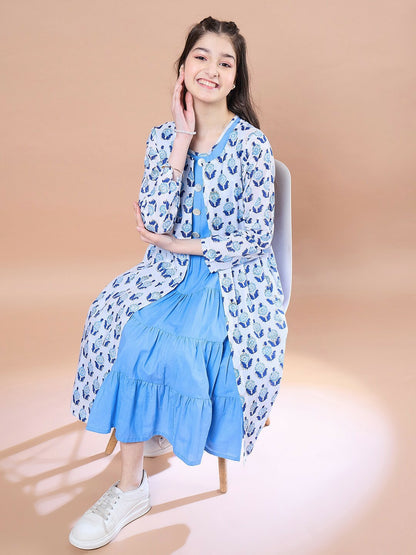 Buy Blue Floral Print Fit & Flared Cotton Dress for Girls - Indiaista