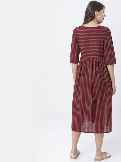 Maroon & Off-White Striped Fit & Flare Ethnic Dress | Indiaista