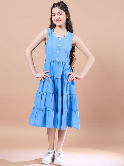 Buy Blue Floral Print Fit & Flared Cotton Dress for Girls - Indiaista