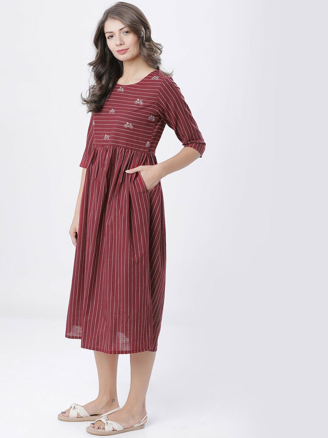 Maroon & Off-White Striped Fit & Flare Ethnic Dress | Indiaista