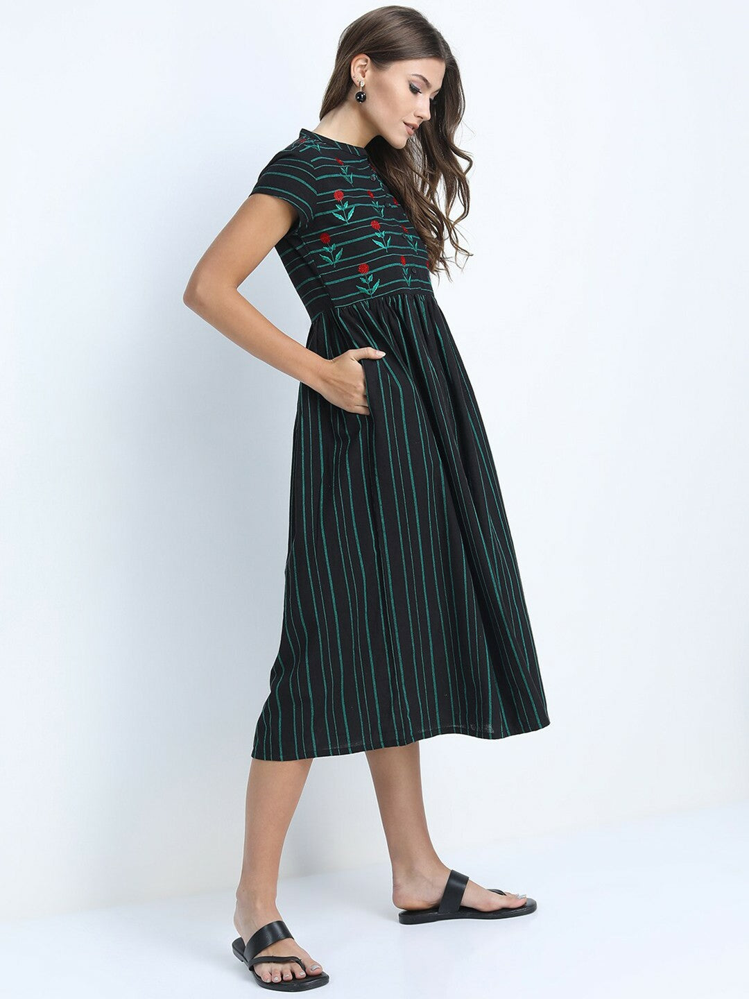 Black & Green Striped Fit & Flare Midi Dress – Elegant Ethnic Wear | Indiaista