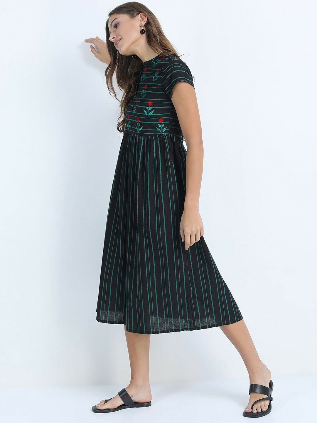 Black & Green Striped Fit & Flare Midi Dress – Elegant Ethnic Wear | Indiaista