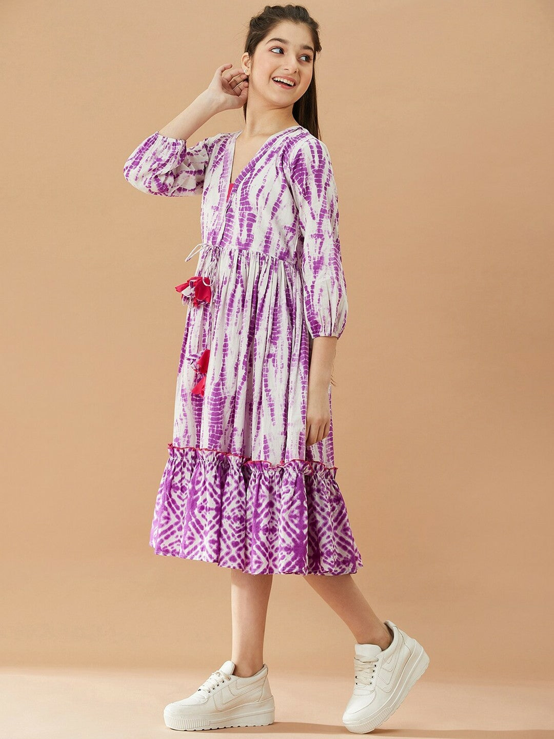 Tie & Dye A-Line Midi Dress – Cotton, V-Neck, Puff Sleeves | Indiaista