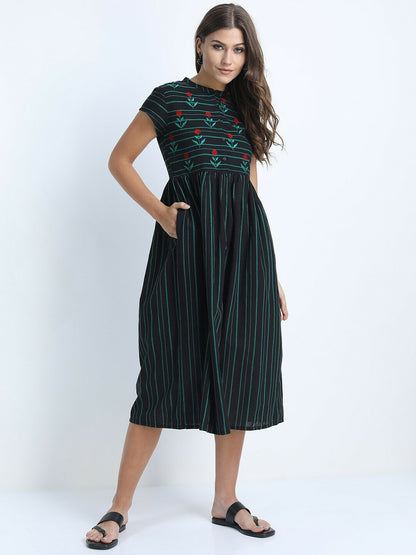 Black & Green Striped Fit & Flare Midi Dress – Elegant Ethnic Wear | Indiaista