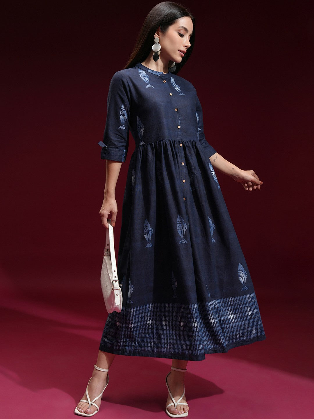 Buy Navy Blue & White Dyed Woven A-Line Ethnic Dress - Indiaista