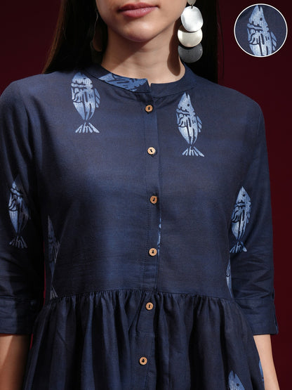 Buy Navy Blue & White Dyed Woven A-Line Ethnic Dress - Indiaista