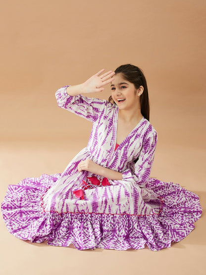 Tie & Dye A-Line Midi Dress – Cotton, V-Neck, Puff Sleeves | Indiaista