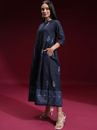 Buy Navy Blue & White Dyed Woven A-Line Ethnic Dress - Indiaista