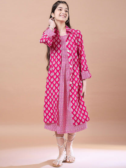 Magenta Ethnic Motif A-Line Dress – Elegant Cotton Midi | Indiaista