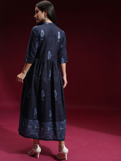 Buy Navy Blue & White Dyed Woven A-Line Ethnic Dress - Indiaista