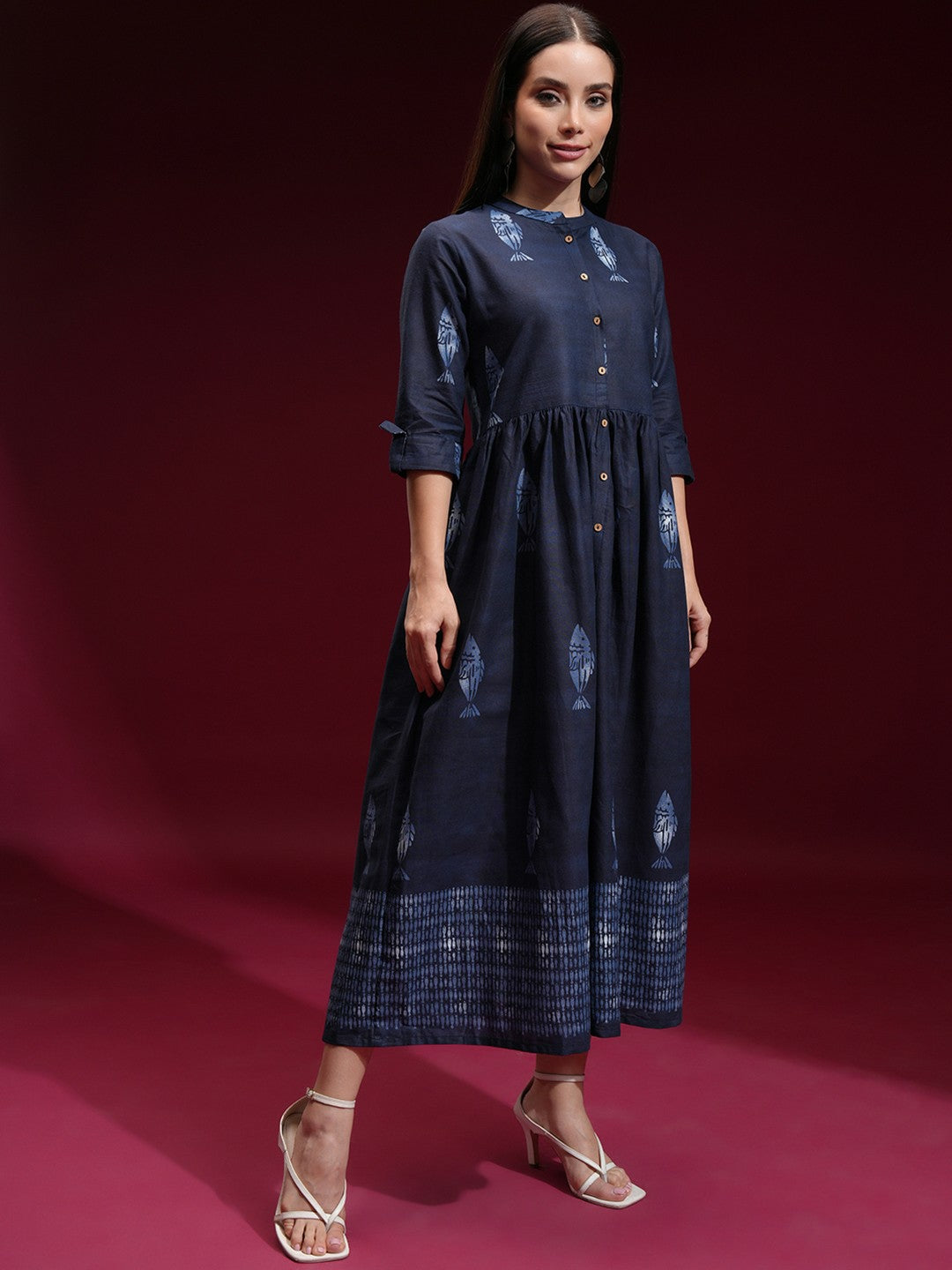 Buy Navy Blue & White Dyed Woven A-Line Ethnic Dress - Indiaista