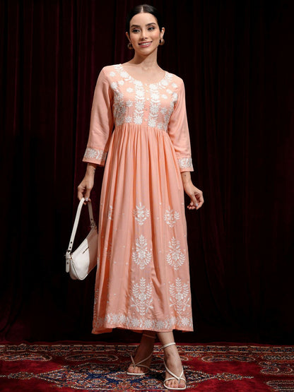 Peach-Coloured Floral Embroidered Maxi Ethnic Dress | Indiaista